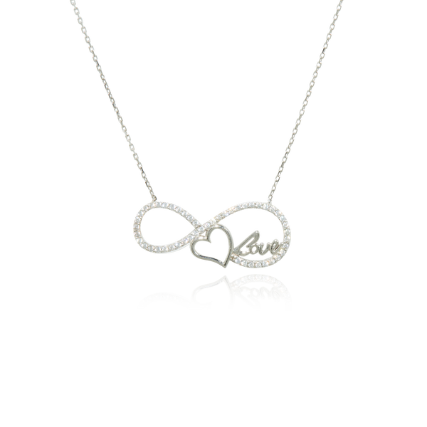 Collier orné d’un motif en forme d’infini serti de zirconiums, inscrit Love et un coeur, monté sur une chaine forçat massive, en Or Blanc 18 Carats - 750/000.  Symbole d'amitié ou de séduction, chaînes et colliers n'ont qu'un but : sublimer votre cou.     CARACTERISTIQUES :  Longueur (cm) : 45.00 Largeur du motif (cm) : 3.00 Poids (gr) : 3.39 Matière : Or 18 Carats - 750/000 18761