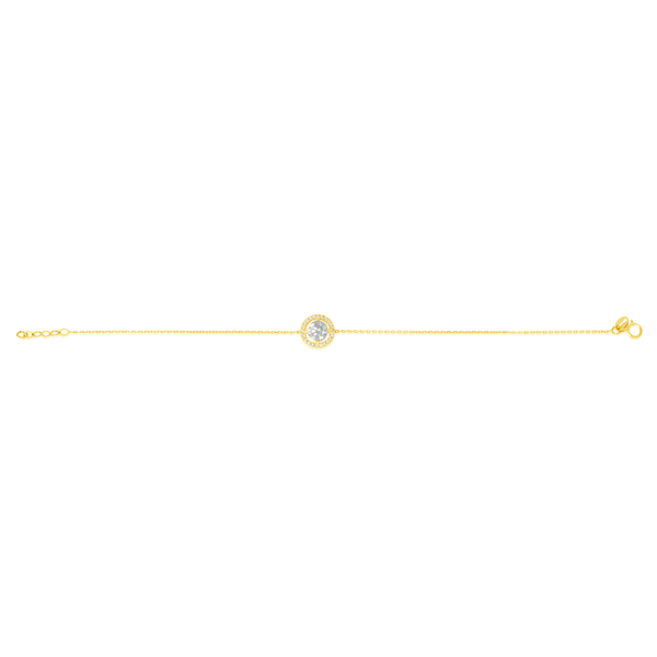 Bracelet serti d'un zirconium et pavé tout autour, en Or Jaune 18 Carats - 750/000.  Qu'il soit classique ou fantaisiste, le bracelet saura sans conteste faire plaisir.    CARACTERISTIQUES :  Longueur (cm) : 19 Diamètre (mm) : 10.54 Poids (gr) : 2.27 Matière : Or 18 Carats - 750/000 18777  