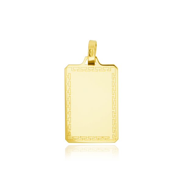 Pendentif en forme de plaque rectangulaire avec son cadre en motif grec en Or Jaune 18 Carats - 750/000   Gravure possible  CARACTERISTIQUES :  Dimensions H x l (mm) : 26.5 x 17.9 Poids (gr) : 2.99 Matière : Or 18 Carats - 750/000. 18779 