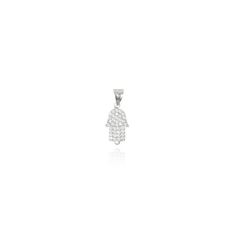 Pendentif en forme de main de Fatima sertie de zirconiums en Or Blanc 18 Carats - 750/000.     CARACTERISTIQUES :  Dimensions H x l (mm) : 12.3 x 8.2 Poids (gr) : 0.82 Matière : Or 18 Carats - 750/000 18813 