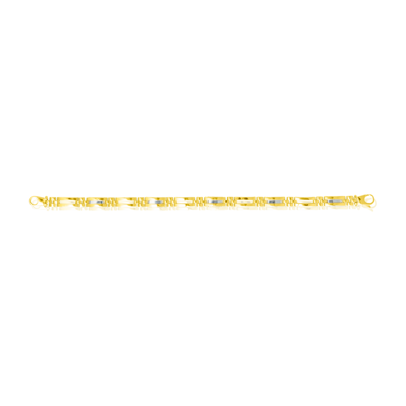 Bracelet de Créateur, en Or Jaune et Or Blanc 18 Carats - 750/000.  Qu'il soit classique ou fantaisiste, le bracelet saura sans conteste faire plaisir.    CARACTERISTIQUES :  Longueur (cm) : 21 Largeur (mm) : 6.12 Poids (gr) : 14.13 Matière : Or 18 Carats - 750/000 18837 