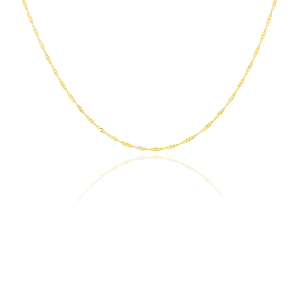 Laissez-vous charmer par cette chaîne en maille Singapour massive, appelée aussi maille torsadée massive, en Or Jaune 18 Carats -  750/000.  Symbole d'amitié ou de séduction, chaînes et colliers n'ont qu'un but : sublimer votre cou.   CARACTERISTIQUES :  Epaisseur (mm) : 1.20 Poids en 40cm (gr) : 1.46 Poids en 42cm (gr) : 1.48 Poids en 50cm (gr) : 1.67 Matière : Or 18 Carats - 750/000 18870-18871-20325