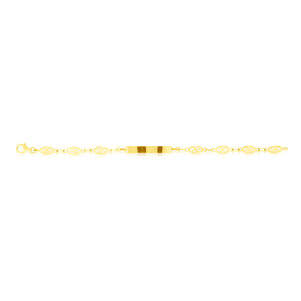 Bracelet identité enfant en maille Concombre, avec sa plaque ovale personnalisable, en Or Jaune 18 Carats - 750/000.  Qu'il soit classique ou fantaisiste, le bracelet saura sans conteste faire plaisir.  Gravure possible    CARACTERISTIQUES :  Longueur (cm) : 14 Dimensions plaque L x l (mm) : 22.1 X 4 Poids (gr) : 2.90 Matière : Or 18 Carats - 750/000. 18902 