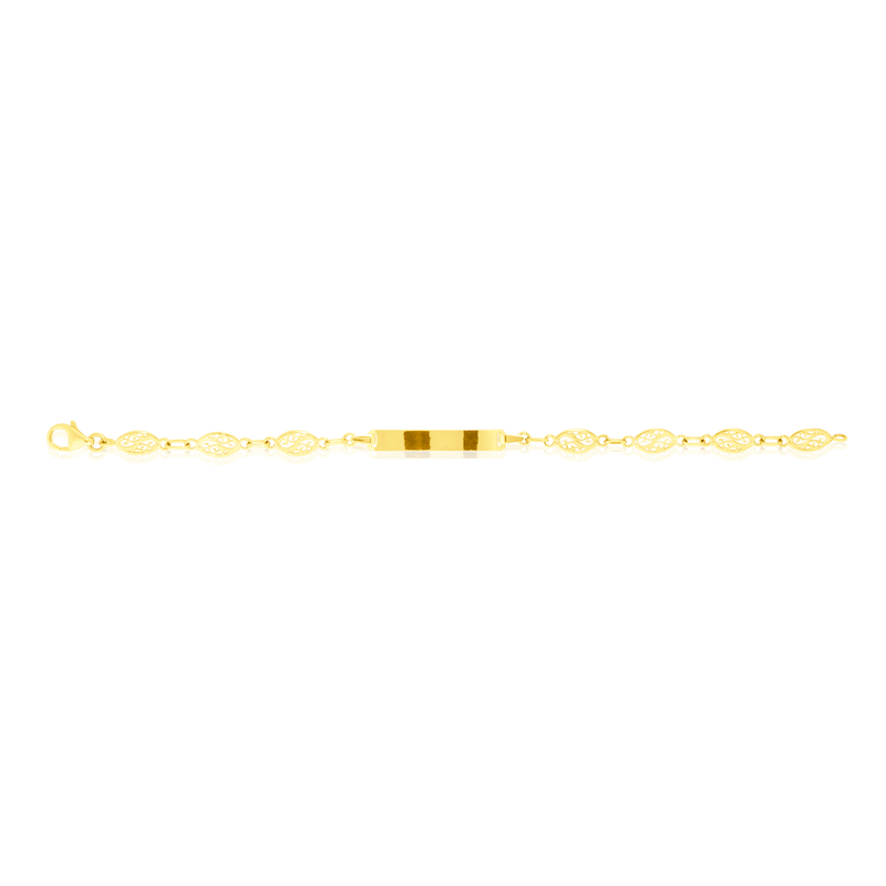 Bracelet identité enfant en maille Concombre, avec sa plaque ovale personnalisable, en Or Jaune 18 Carats - 750/000.  Qu'il soit classique ou fantaisiste, le bracelet saura sans conteste faire plaisir.  Gravure possible    CARACTERISTIQUES :  Longueur (cm) : 14 Dimensions plaque L x l (mm) : 22.1 X 4 Poids (gr) : 2.90 Matière : Or 18 Carats - 750/000. 18902 