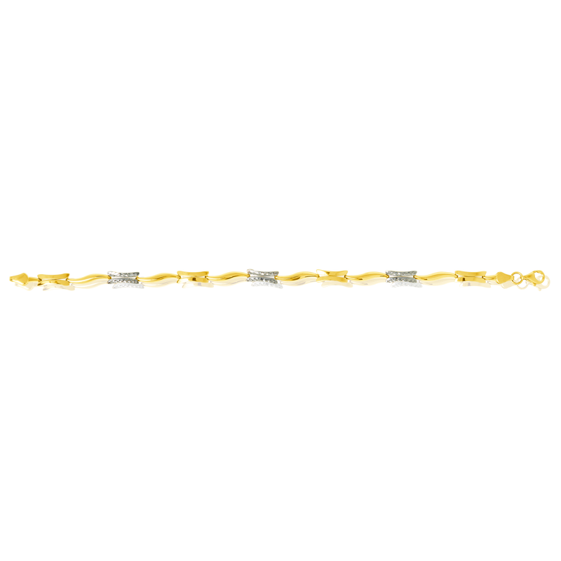 Bracelet monté de motifs lisses et diamantés, en Or Jaune et Or Blanc 18 Carats - 750/000.  Qu'il soit classique ou fantaisiste, le bracelet saura sans conteste faire plaisir.    CARACTERISTIQUES :  Longueur (cm) : 19.00 Largeur (mm) : 4.63 Poids (gr) : 5.48 Matière : Or 18 Carats - 750/000 19259 