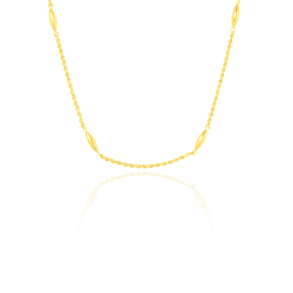 Collier maille Corde, orné de 4 amandes, en Or jaune 18 Carats - 750/000.  Symbole d'amitié ou de séduction, chaînes et colliers n'ont qu'un but : sublimer votre cou.    CARACTERISTIQUES :  Longueur (cm) : 45 Diamètre corde (mm) : 4.00 Poids (gr) : 4.61 Matière : Or 18 Carats - 750/000 19265