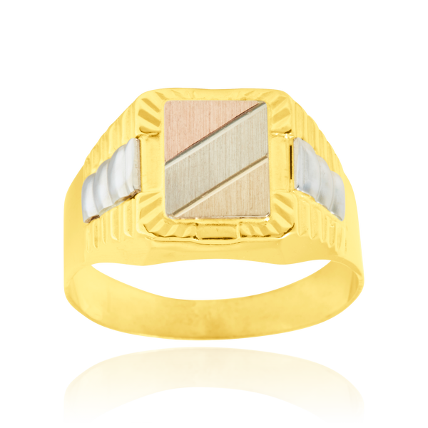 Chevalière rectangulaire en Or Jaune et accentuée de 2 motifs en Or Blanc, montée d'un plateau mate en 3 Ors, 18 Carats - 750/000.  La chevalière est le bijou indémodable qui a su traverser les époques pouvant se transmettre de père en fils.  Gravure possible   CARACTERISITIQUES:   Largeur (mm) : 12.45 Poids (gr) : 5.50        Matière : Or 18 Carats - 750/000 19998