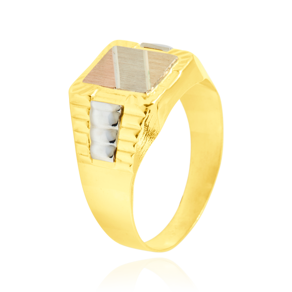 Chevalière rectangulaire en Or Jaune et accentuée de 2 motifs en Or Blanc, montée d'un plateau mate en 3 Ors, 18 Carats - 750/000.  La chevalière est le bijou indémodable qui a su traverser les époques pouvant se transmettre de père en fils.  Gravure possible   CARACTERISITIQUES:   Largeur (mm) : 12.45 Poids (gr) : 5.50        Matière : Or 18 Carats - 750/000 19998