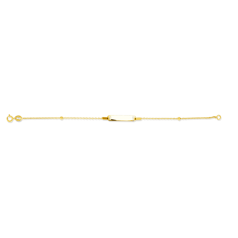 Bracelet identité enfant maille Forçat et 2 grains d’or, avec sa plaque rectangulaire personnalisable, en Or Jaune 18 Carats - 750/000.  Qu'il soit classique ou fantaisiste, le bracelet saura sans conteste faire plaisir.  Gravure possible    CARACTERISTIQUES :  Longueur (cm) : 14 Dimensions plaque L x l (mm) : 17.1 X 4 Poids (gr) : 1.09 Matière : Or 18 Carats - 750/000 20081  