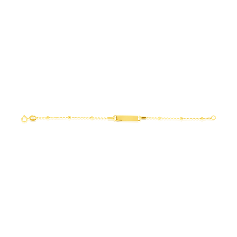 Bracelet identité enfant maille Forçat et 6 grains d’or, avec sa plaque rectangulaire personnalisable, en Or Jaune 18 Carats - 750/000.  Qu'il soit classique ou fantaisiste, le bracelet saura sans conteste faire plaisir.  Gravure possible    CARACTERISTIQUES :  Longueur (cm) : 14 Dimensions plaque L x l (mm) : 17.10 X 4 Poids (gr) : 1.20 Matière : Or 18 Carats - 750/000 20082 