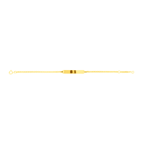 Bracelet identité enfant double maille Forçat plate ,avec sa plaque rectangulaire personnalisable, en Or Jaune 18 Carats - 750/000.  Qu'il soit classique ou fantaisiste, le bracelet saura sans conteste faire plaisir.  Gravure possible    CARACTERISTIQUES :  Longueur (cm) : 14 Dimensions plaque L x l (mm) : 25.8 X 4 Poids (gr) : 1.49 Matière : Or 18 Carats - 750/000 20115