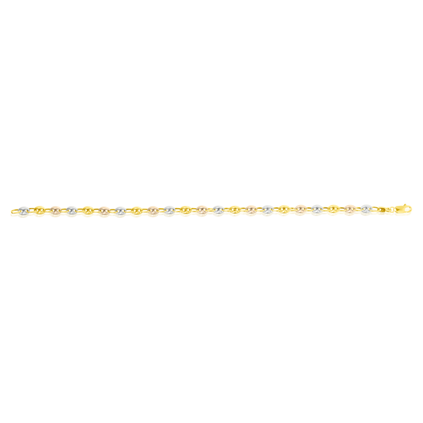 Bracelet Grain de Café en Or Jaune, Or Blanc et Or Rose, 18 Carats - 750/000.  Qu'il soit classique ou fantaisiste, le bracelet saura sans conteste faire plaisir.    CARACTERISTIQUES :  Longueur (cm) : 21.00 Motif (mm) : 5.00 Epaisseur (mm) : 2.90 Poids (gr) : 5.35 Matière : Or 18 Carats - 750/000 20183 