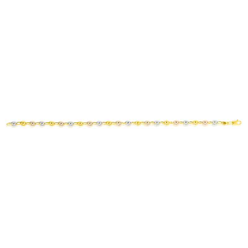 Bracelet Grain de Café en Or Jaune, Or Blanc et Or Rose, 18 Carats - 750/000.  Qu'il soit classique ou fantaisiste, le bracelet saura sans conteste faire plaisir.    CARACTERISTIQUES :  Longueur (cm) : 21.00 Motif (mm) : 5.00 Epaisseur (mm) : 2.90 Poids (gr) : 5.35 Matière : Or 18 Carats - 750/000 20183 