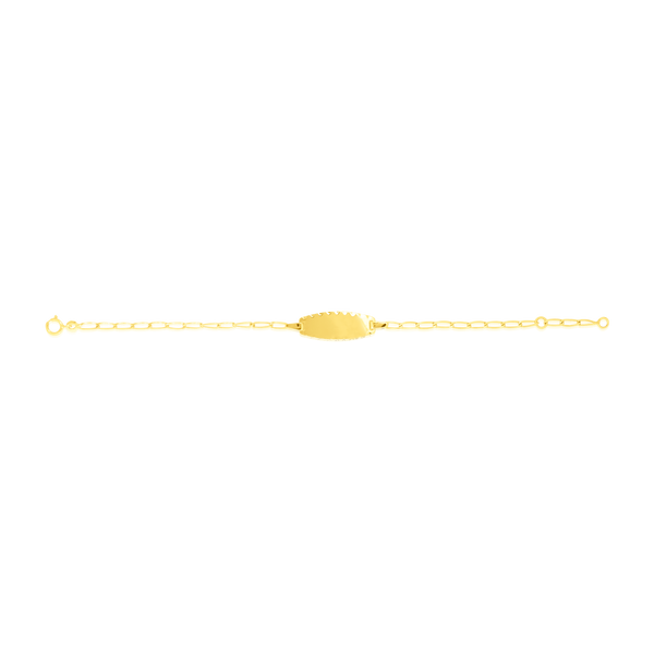 Bracelet identité maille Cheval, avec sa plaque ovale dentelée personnalisable, en Or Jaune 18 Carats - 750/000.  Qu'il soit classique ou fantaisiste, le bracelet saura sans conteste faire plaisir.  Gravure possible    CARACTERISTIQUES :  Longueur (cm) : 14 Dimensions plaque L x l (mm) : 20 X 4 Poids (gr) : 1.33 Matière : Or 18 Carats - 750/000 20296 
