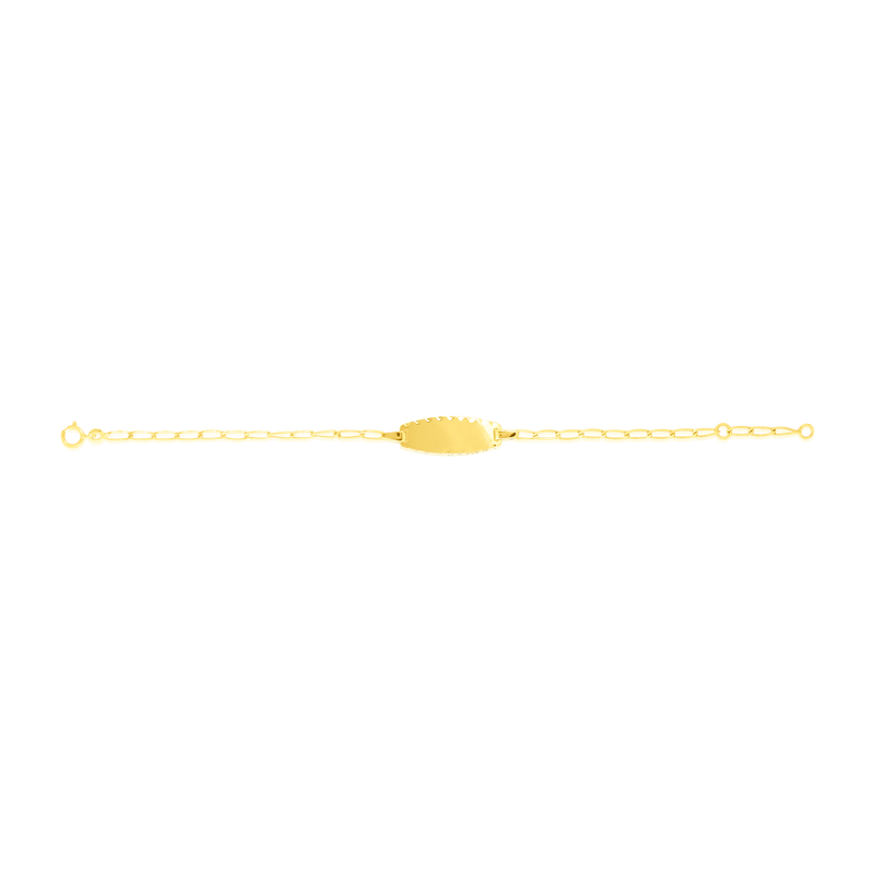 Bracelet identité maille Cheval, avec sa plaque ovale dentelée personnalisable, en Or Jaune 18 Carats - 750/000.  Qu'il soit classique ou fantaisiste, le bracelet saura sans conteste faire plaisir.  Gravure possible    CARACTERISTIQUES :  Longueur (cm) : 14 Dimensions plaque L x l (mm) : 20 X 4 Poids (gr) : 1.33 Matière : Or 18 Carats - 750/000 20296 