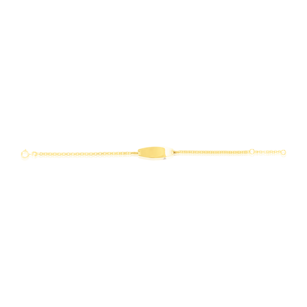 Bracelet identité enfant maille Forçat double plate, avec sa plaque ovale personnalisable, en Or Jaune 18 Carats - 750/000.  Qu'il soit classique ou fantaisiste, le bracelet saura sans conteste faire plaisir.  Gravure possible    CARACTERISTIQUES :  Longueur (cm) : 14 Dimensions plaque L x l (mm) : 19.8 X 4 Poids (gr) : 1.54 Matière : Or 18 Carats - 750/000 20297