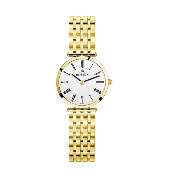 Une montre femme de forme ronde avec un boîtier en acier inoxydable et PVD doré d'un diamètre de 28 mm. Le cadran de couleur blanc a des chiffres romains noirs. La montre femme est étanche à 30 mètres.  La montre, plus qu'un instrument de mesure du temps, un accessoire de mode indispensable.