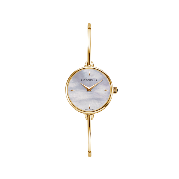Réf : 17206/BP19  Tout en PVD or jaune, ce modèle reflète toute la lumière grâce à son cadran en nacre véritable. Le bracelet fin et rigide apporte la délicatesse. Cette montre féminine est un véritable bijou.  La montre, plus qu'un instrument de mesure du temps, un accessoire de mode indispensable.