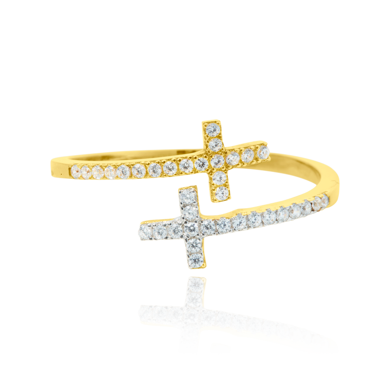 Bague double croix serties de zirconiums, Or Jaune et Or Blanc 18 Carats - 750/000.  Cinq possibilités d'embellir vos doigts, portez une de nos bagues.   CARACTERISTIQUES :  Motif central (mm) : 9.40 Epaisseur (mm) : 1.36 Poids (gr) : 1.77  Matière : Or 18 Carats - 750/000 18676
Guadeloupe,Martinique,Guyane,France,Antilles