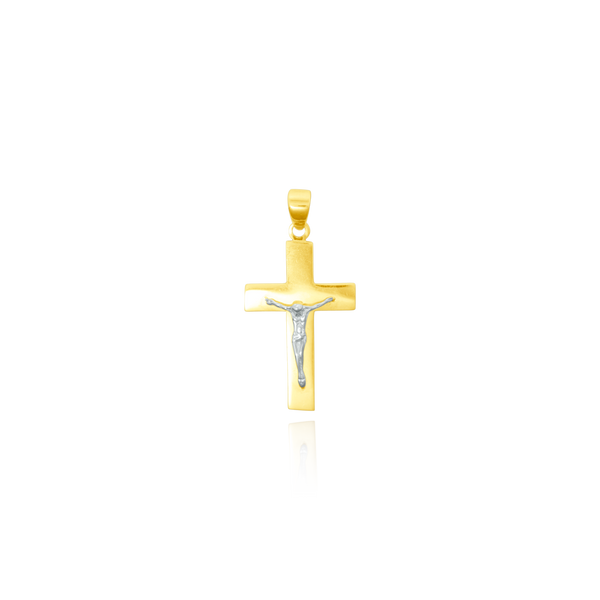 Pendentif en forme de Croix plate en Or Jaune et son Christ en Or Blanc 18 Carats - 750/000.   CARACTERISTIQUES :  Dimensions H x l (mm) : 21.8 x 14.4 Poids (gr) : 1.38 Matière : Or 18 Carats - 750/000 18791 