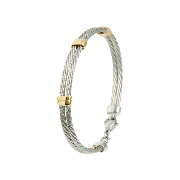 Jonc pour enfant en Acier, serti de 3 inserts en Or Jaune massif 18 Carats - 750/000.  Qu'il soit classique ou fantaisiste, le bracelet saura sans conteste faire plaisir.  CARACTERISTIQUES :  Diamètre jonc (cm) : 4.70  Poids (gr) : 6.12  Matière : Or 18 Carats - 750/000  19011