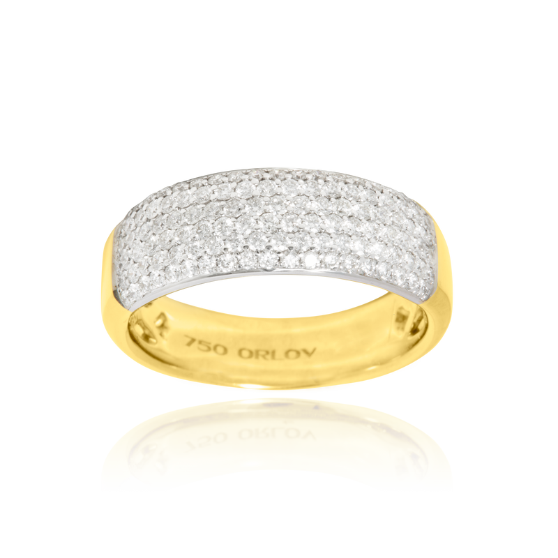 Bague sertie pavée de diamants ronds en Or Blanc et Or Jaune 18 Carats - 750/000.  Cinq possibilités d'embellir vos doigts, portez une de nos bagues.   CARACTERISTIQUES :   Epaisseur (mm) : 6.13 Poids (gr) : 7.20 Nombre de diamants : 114      Carats : 0.950 Matière : Or 18 Carats - 750/000 19387