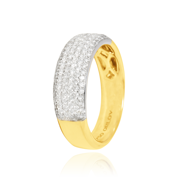 Bague sertie pavée de diamants ronds en Or Blanc et Or Jaune 18 Carats - 750/000.  Cinq possibilités d'embellir vos doigts, portez une de nos bagues.   CARACTERISTIQUES :   Epaisseur (mm) : 6.13 Poids (gr) : 7.20 Nombre de diamants : 114      Carats : 0.950 Matière : Or 18 Carats - 750/000 193870