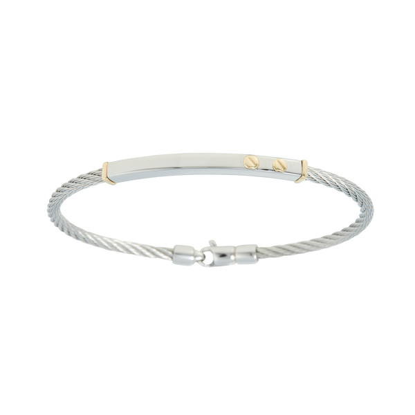 Jonc 1 câble Acier, serti de 2 vis et de 2 inserts en Or Jaune massif 18 Carats - 750/000.  Qu'il soit classique ou fantaisiste, le bracelet saura sans conteste faire plaisir.   CARACTERISTIQUES :  Epaisseur câble (mm) : 3.00 Diamètre jonc (cm) : 6.50 Couleur câble : Acier  Poids d'or (gr) : 0.45 Matière : Acier et Or 18 Carats - 750/000 19520