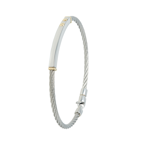 Jonc 1 câble Acier, serti de 2 vis et de 2 inserts en Or Jaune massif 18 Carats - 750/000.  Qu'il soit classique ou fantaisiste, le bracelet saura sans conteste faire plaisir.   CARACTERISTIQUES :  Epaisseur câble (mm) : 3.00 Diamètre jonc (cm) : 6.50 Couleur câble : Acier  Poids d'or (gr) : 0.45 Matière : Acier et Or 18 Carats - 750/000 19520