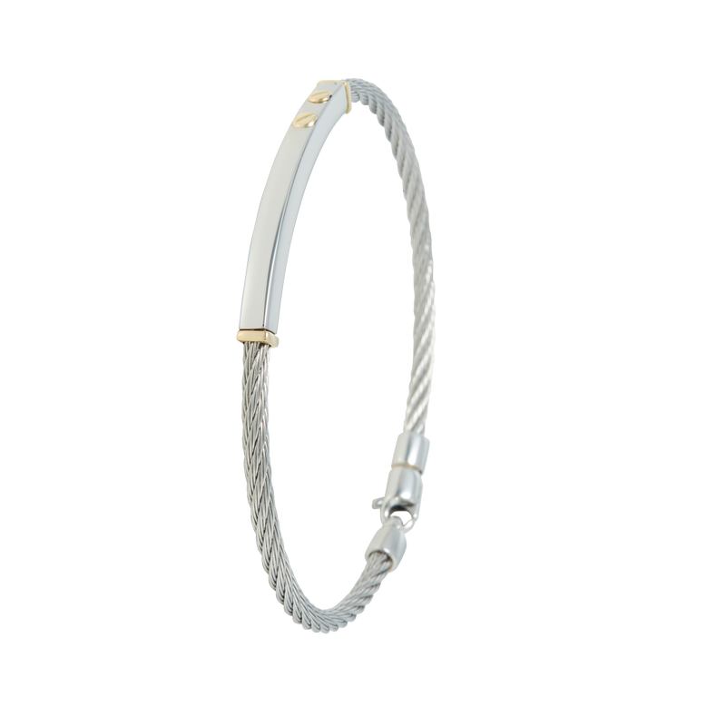 Jonc 1 câble Acier, serti de 2 vis et de 2 inserts en Or Jaune massif 18 Carats - 750/000.  Qu'il soit classique ou fantaisiste, le bracelet saura sans conteste faire plaisir.   CARACTERISTIQUES :  Epaisseur câble (mm) : 3.00 Diamètre jonc (cm) : 6.50 Couleur câble : Acier  Poids d'or (gr) : 0.45 Matière : Acier et Or 18 Carats - 750/000 19520
