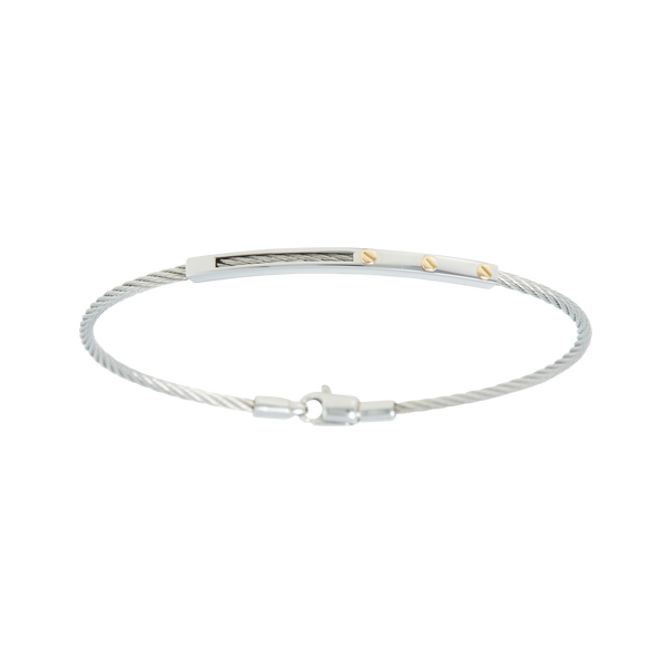 Jonc 1 câble Acier et PVD, serti de 3 vis en Or Jaune massif 18 Carats - 750/000.   Qu'il soit classique ou fantaisiste, le bracelet saura sans conteste faire plaisir.     CARACTERISTIQUES :  Epaisseur câble (mm) : 3.00 Diamètre jonc (cm) : 6.50 Couleur câble : Acier, PVD Bleu, PVD Doré Poids d'or (gr) : 0.03 Matière : Acier et Or 18 Carats - 750/000 19521-19522-19523
