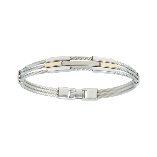 Jonc 3 câbles Acier et PVD, serti de 2 inserts en Or Jaune 18 Carats -750/000.  Qu'il soit classique ou fantaisiste, le bracelet saura sans conteste faire plaisir.     CARACTERISTIQUES :  Epaisseur câble (mm) : 2.00 Diamètre jonc (cm) : 6.50 Couleur câble : Acier, PVD Bleu, PVD Doré Poids d'or (gr) : 0.08 Matière : Acier et Or 18 Carats - 750/000 19529-19530-19531