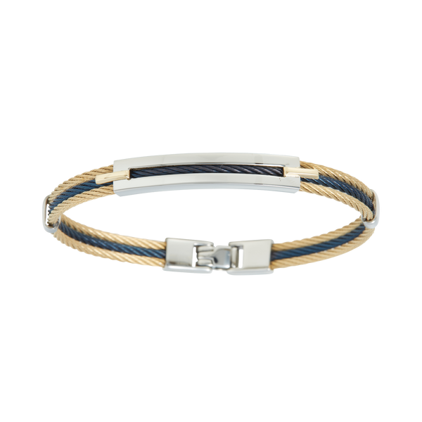 Jonc 3 câbles Acier PVD bicolore, 2 inserts en Or massif 18 Carats - 750/000.  Qu'il soit classique ou fantaisiste, le bracelet saura sans conteste faire plaisir.  CARACTERISTIQUES :  Largeur jonc (mm) : 7.00 Diamètre jonc (cm) : 6.50 Couleur câble : PVD Doré et Bleu, PVD Rosé et Bleu Poids d'or (gr) : 0.06 Matière : Acier et Or 18 Carats - 750/000 19533-19532
