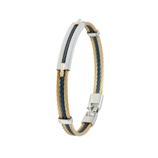 Jonc 3 câbles Acier PVD bicolore, 2 inserts en Or massif 18 Carats - 750/000.  Qu'il soit classique ou fantaisiste, le bracelet saura sans conteste faire plaisir.  CARACTERISTIQUES :  Largeur jonc (mm) : 7.00 Diamètre jonc (cm) : 6.50 Couleur câble : PVD Doré et Bleu, PVD Rosé et Bleu Poids d'or (gr) : 0.06 Matière : Acier et Or 18 Carats - 750/000 19533-19532