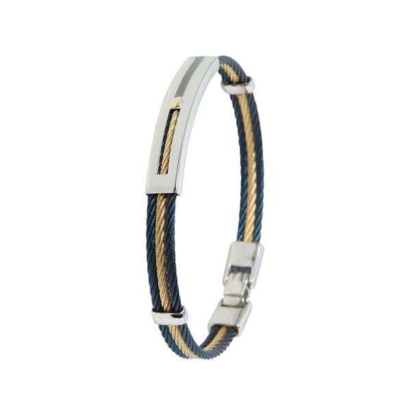 Jonc 3 câbles Acier PVD bicolor, serti d'un insert en Or Jaune massif 18 Carats - 750/000.  Qu'il soit classique ou fantaisiste, le bracelet saura sans conteste faire plaisir.    CARACTERISTIQUES :  Poids d'or (gr) : 0.03 Epaisseur câble (mm) : 2.00 Diamètre jonc (cm) : 6.50 Couleur câble : PVD Bleu et Doré  Matière : Acier et Or 18 Carats - 750/000 19534