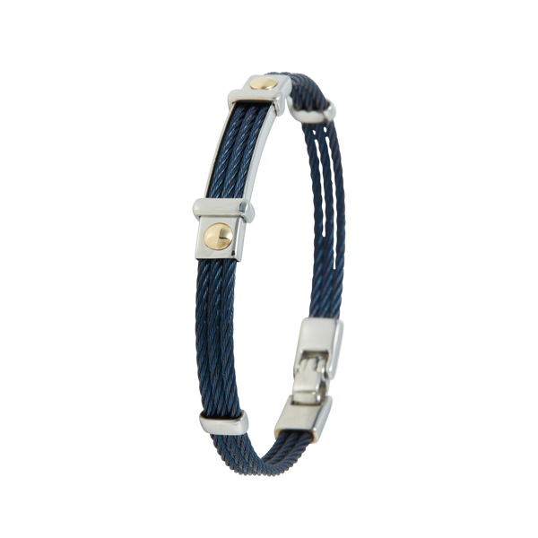 Jonc 3 câbles Acier PVD, serti de 2 motifs en Or Jaune massif 18 Carats - 750/000. Qu'il soit classique ou fantaisiste, le bracelet saura sans conteste faire plaisir.  CARACTERISTIQUES :  Epaisseur câble (mm) : 2.00 Diamètre jonc (cm) : 6.50 Couleur câble : Acier PVD Bleu, Acier PVD Doré Poids d'or (gr) : 0.10 Matière : Acier et Or 18 Carats - 750/000 19536-19535