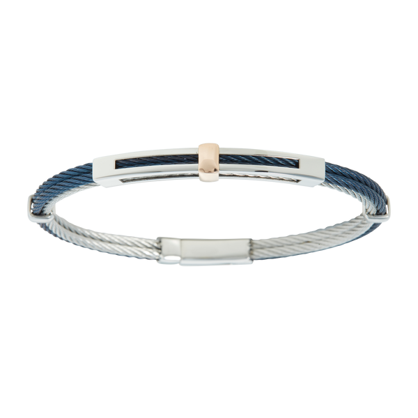 Jonc 4 câbles Acier et PVD, serti d'un insert en Or Rose 18 Carats - 750/000.    Qu'il soit classique ou fantaisiste, le bracelet saura sans conteste faire plaisir.    CARACTERISTIQUES :  Epaisseur câble (mm) : 2.00 Diamètre jonc (cm) : 6.50 Couleur câble : Acier et Bleu, Acier et Doré Poids d'or (gr) : 0.50 Matière : Acier et Or 18 Carats - 750/000 19537-19538