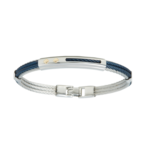 Jonc 5 câbles  Acier et PVD, serti de 2 inserts Or Jaune massif 18 Carats - 750/000.  Qu'il soit classique ou fantaisiste, le bracelet saura sans conteste faire plaisir.  CARACTERISTIQUES :  Epaisseur câble (mm) : 2.00 Diamètre jonc (cm) : 6.50 Couleur câble : Acier et PVD Bleu, Acier et PVD Doré Poids d'or (gr) : 0.06 Matière : Acier et Or 18 Carats - 750/000 19539-19540