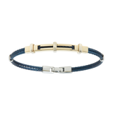 Jonc 2 câbles Acier PVD Bleu, motif central en Or Jaune et Or Blanc massif 18 Carats - 750/000.  Qu'il soit classique ou fantaisiste, le bracelet saura sans conteste faire plaisir.     CARACTERISTIQUES :  Largeur jonc (mm) : 2.00 Diamètre jonc (cm) : 6.50 Couleur câble : Bleu  Poids d'or (gr) : 3.40 Matière : Acier et Or 18 Carats - 750/000 19541