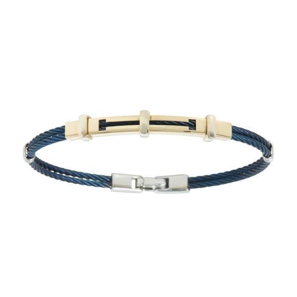 Jonc 2 câbles Acier PVD Bleu, motif central en Or Jaune et Or Blanc massif 18 Carats - 750/000.  Qu'il soit classique ou fantaisiste, le bracelet saura sans conteste faire plaisir.     CARACTERISTIQUES :  Largeur jonc (mm) : 2.00 Diamètre jonc (cm) : 6.50 Couleur câble : Bleu  Poids d'or (gr) : 3.40 Matière : Acier et Or 18 Carats - 750/000 19541
