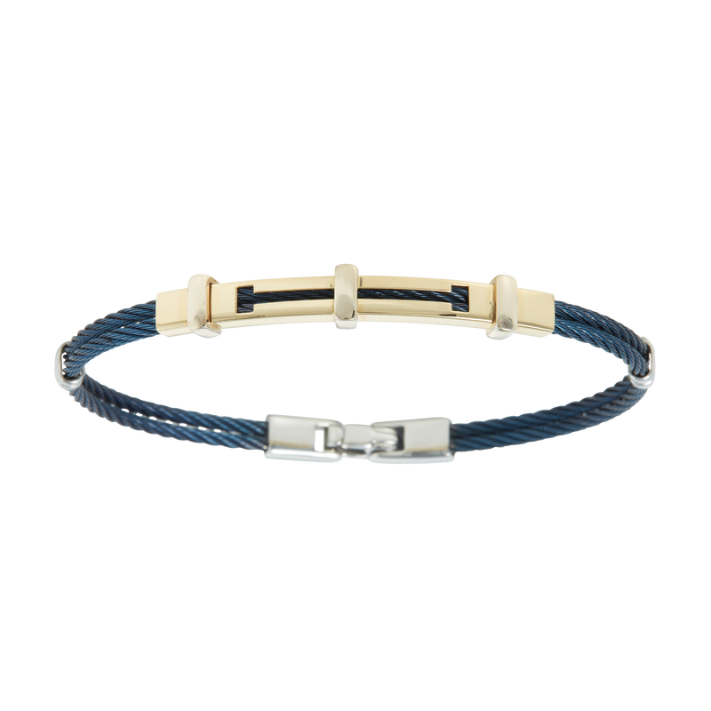 Jonc 2 câbles Acier PVD Bleu, motif central en Or Jaune et Or Blanc massif 18 Carats - 750/000.  Qu'il soit classique ou fantaisiste, le bracelet saura sans conteste faire plaisir.     CARACTERISTIQUES :  Largeur jonc (mm) : 2.00 Diamètre jonc (cm) : 6.50 Couleur câble : Bleu  Poids d'or (gr) : 3.40 Matière : Acier et Or 18 Carats - 750/000 19541