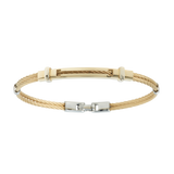 Jonc 2 câbles Acier PVD Doré, motif central en Or Jaune et Or Blanc massif 18 Carats - 750/000.  Qu'il soit classique ou fantaisiste, le bracelet saura sans conteste faire plaisir.  CARACTERISTIQUES :  Epaisseur câble (mm) : 2.00 Diamètre jonc (cm) : 6.50 Poids d'or (gr) : 2.90 Matière : Acier et Or 18 Carats - 750/000 Couleur câble : Doré 19542