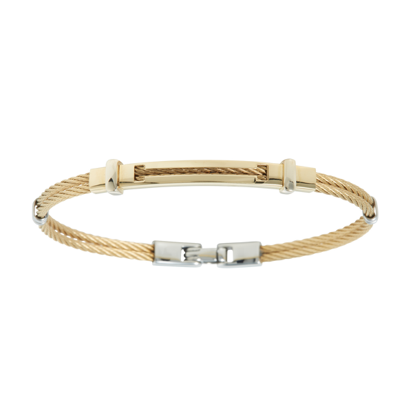 Jonc 2 câbles Acier PVD Doré, motif central en Or Jaune et Or Blanc massif 18 Carats - 750/000.  Qu'il soit classique ou fantaisiste, le bracelet saura sans conteste faire plaisir.  CARACTERISTIQUES :  Epaisseur câble (mm) : 2.00 Diamètre jonc (cm) : 6.50 Poids d'or (gr) : 2.90 Matière : Acier et Or 18 Carats - 750/000 Couleur câble : Doré 19542