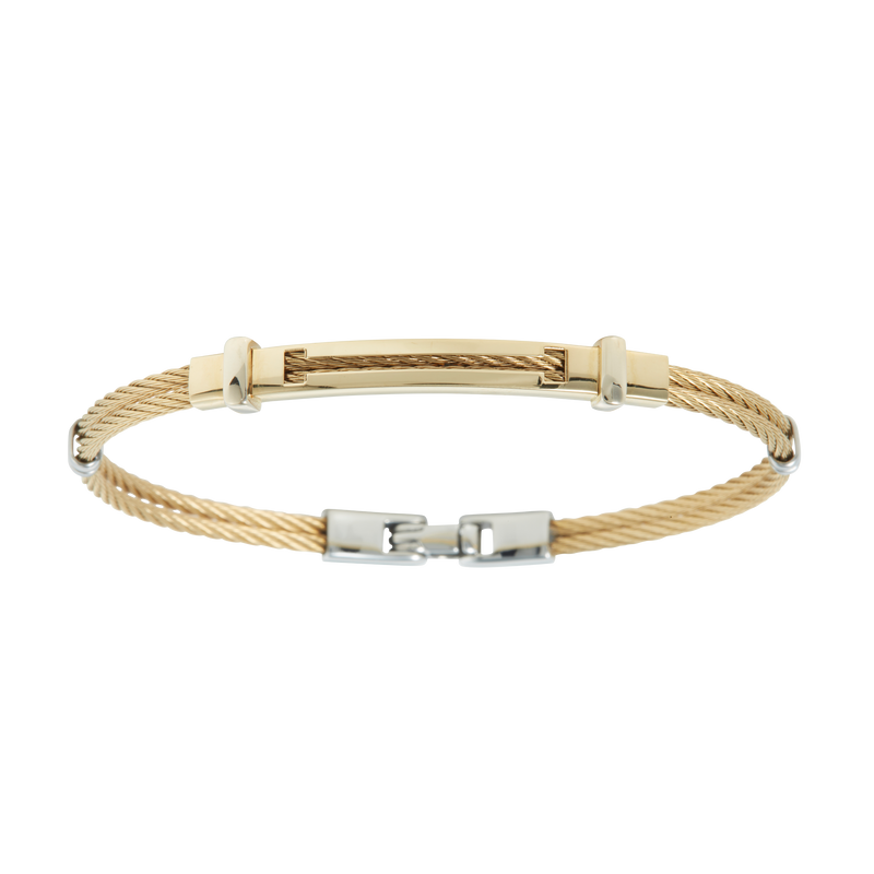 Jonc 2 câbles Acier PVD Doré, motif central en Or Jaune et Or Blanc massif 18 Carats - 750/000.  Qu'il soit classique ou fantaisiste, le bracelet saura sans conteste faire plaisir.  CARACTERISTIQUES :  Epaisseur câble (mm) : 2.00 Diamètre jonc (cm) : 6.50 Poids d'or (gr) : 2.90 Matière : Acier et Or 18 Carats - 750/000 Couleur câble : Doré 19542