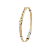 Jonc 2 câbles Acier PVD Doré, motif central en Or Jaune et Or Blanc massif 18 Carats - 750/000.  Qu'il soit classique ou fantaisiste, le bracelet saura sans conteste faire plaisir.  CARACTERISTIQUES :  Epaisseur câble (mm) : 2.00 Diamètre jonc (cm) : 6.50 Poids d'or (gr) : 2.90 Matière : Acier et Or 18 Carats - 750/000 Couleur câble : Doré 19542