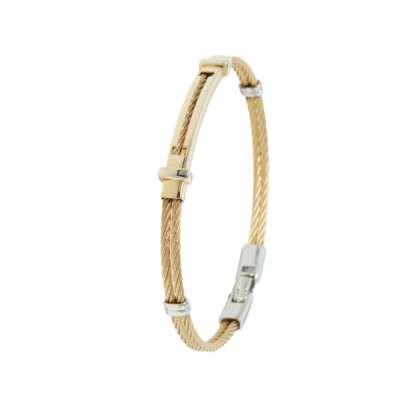 Jonc 2 câbles Acier PVD Doré, motif central en Or Jaune et Or Blanc massif 18 Carats - 750/000.  Qu'il soit classique ou fantaisiste, le bracelet saura sans conteste faire plaisir.  CARACTERISTIQUES :  Epaisseur câble (mm) : 2.00 Diamètre jonc (cm) : 6.50 Poids d'or (gr) : 2.90 Matière : Acier et Or 18 Carats - 750/000 Couleur câble : Doré 19542