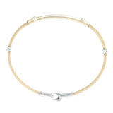 Jonc 2 câbles Acier PVD Doré, motif central en Or Jaune et Or Blanc massif 18 Carats - 750/000.  Qu'il soit classique ou fantaisiste, le bracelet saura sans conteste faire plaisir.  CARACTERISTIQUES :  Epaisseur câble (mm) : 2.00 Diamètre jonc (cm) : 6.50 Poids d'or (gr) : 2.90 Matière : Acier et Or 18 Carats - 750/000 Couleur câble : Doré 19542