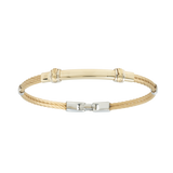 Jonc 2 câbles Acier PVD Doré, motif central en Or Jaune et Or Blanc massif 18 Carats - 750/000.  Qu'il soit classique ou fantaisiste, le bracelet saura sans conteste faire plaisir.   CARACTERISTIQUES :  Epaisseur câble (mm) : 2.00 Diamètre jonc (cm) : 6.50 Couleur câble : Acier PVD Doré Poids d'or (gr) : 3.70 Matière : Acier et Or 18 Carats - 750/000 19545