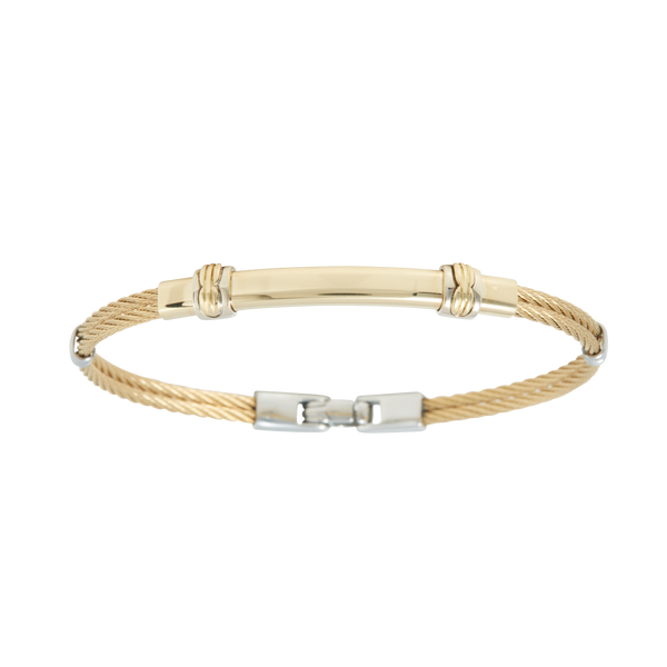Jonc 2 câbles Acier PVD Doré, motif central en Or Jaune et Or Blanc massif 18 Carats - 750/000.  Qu'il soit classique ou fantaisiste, le bracelet saura sans conteste faire plaisir.   CARACTERISTIQUES :  Epaisseur câble (mm) : 2.00 Diamètre jonc (cm) : 6.50 Couleur câble : Acier PVD Doré Poids d'or (gr) : 3.70 Matière : Acier et Or 18 Carats - 750/000 19545