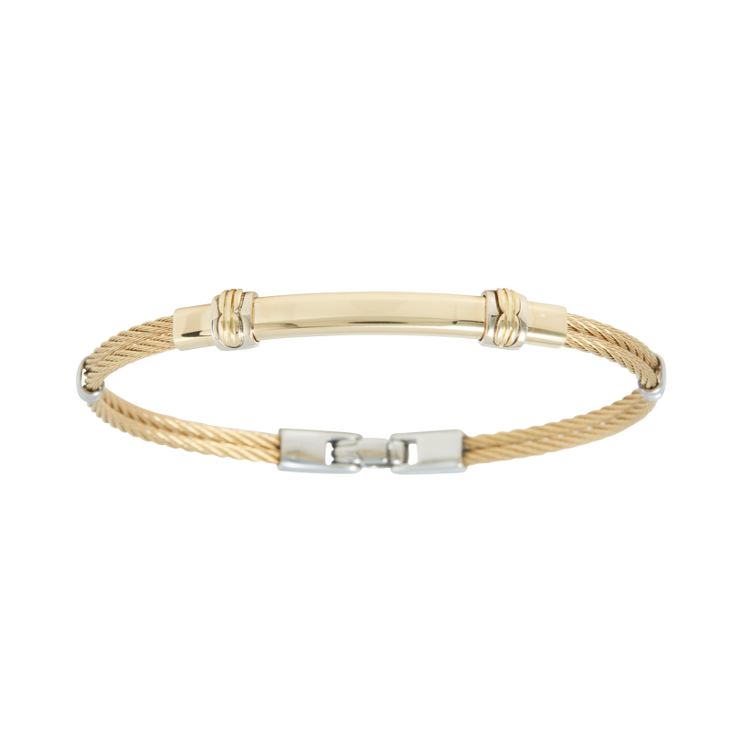 Jonc 2 câbles Acier PVD Doré, motif central en Or Jaune et Or Blanc massif 18 Carats - 750/000.  Qu'il soit classique ou fantaisiste, le bracelet saura sans conteste faire plaisir.   CARACTERISTIQUES :  Epaisseur câble (mm) : 2.00 Diamètre jonc (cm) : 6.50 Couleur câble : Acier PVD Doré Poids d'or (gr) : 3.70 Matière : Acier et Or 18 Carats - 750/000 19545